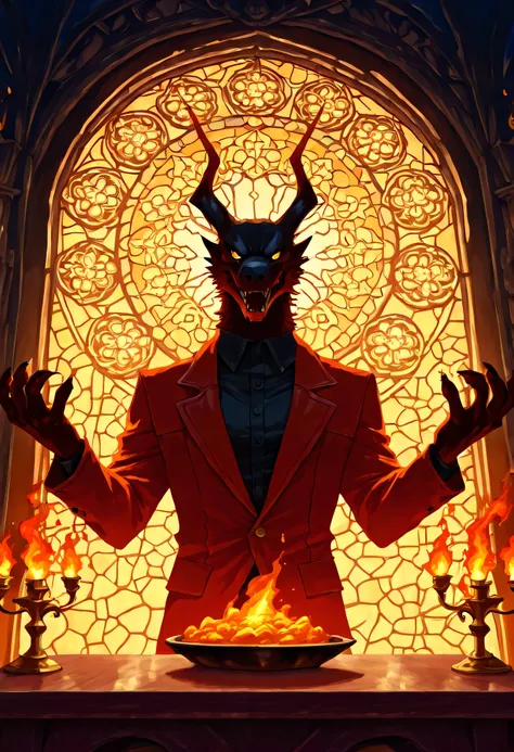 Zdrada in a confident pose near the head of an obsidian banquet table, chandeliers burning with blue hellfire above, golden demon cutlery set neatly, velvet chairs, massive stained-glass windows showing infernal landscapes, dramatic lighting illuminating h...