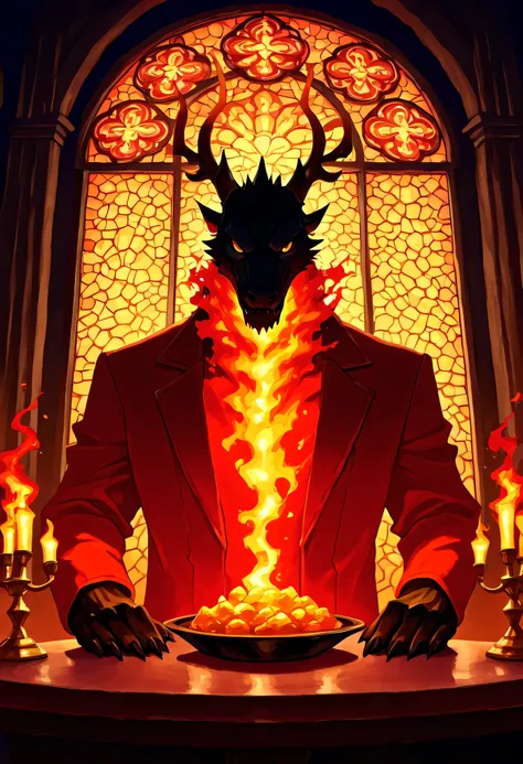 Zdrada in a confident pose near the head of an obsidian banquet table, chandeliers burning with blue hellfire above, golden demon cutlery set neatly, velvet chairs, massive stained-glass windows showing infernal landscapes, dramatic lighting illuminating h...