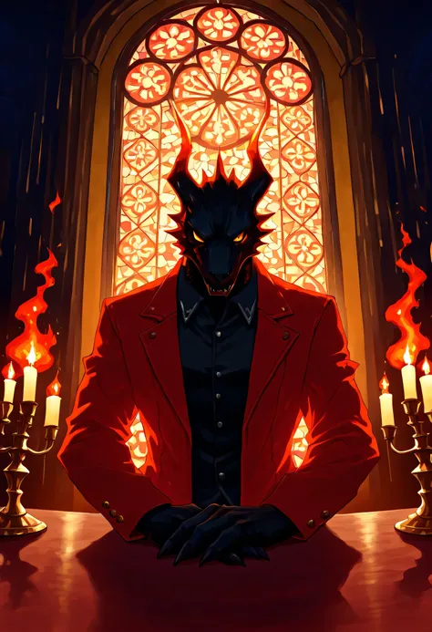 Zdrada in a confident pose near the head of an obsidian banquet table, chandeliers burning with blue hellfire above, golden demon cutlery set neatly, velvet chairs, massive stained-glass windows showing infernal landscapes, dramatic lighting illuminating h...