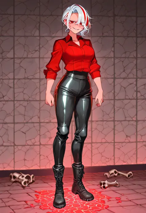 Zdrada smirking beside glowing red puzzle tiles, cracked infernal stone walls behind her, hellish chains hanging, scattered bones and trap mechanisms on the floor, faint ambient light casting shadows, her red streaked white hair glowing under infernal rune...