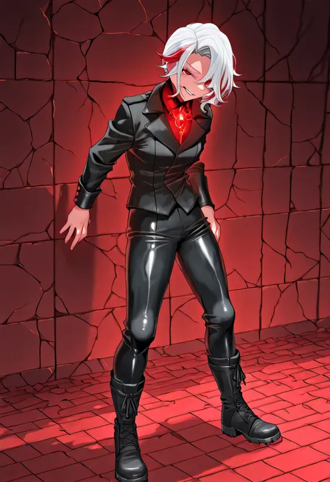 Zdrada smirking beside glowing red puzzle tiles, cracked infernal stone walls behind her, hellish chains hanging, scattered bones and trap mechanisms on the floor, faint ambient light casting shadows, her red streaked white hair glowing under infernal rune...