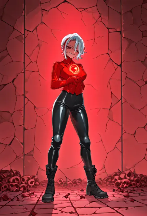Zdrada smirking beside glowing red puzzle tiles, cracked infernal stone walls behind her, hellish chains hanging, scattered bones and trap mechanisms on the floor, faint ambient light casting shadows, her red streaked white hair glowing under infernal rune...
