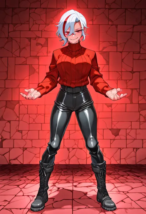 Zdrada smirking beside glowing red puzzle tiles, cracked infernal stone walls behind her, hellish chains hanging, scattered bones and trap mechanisms on the floor, faint ambient light casting shadows, her red streaked white hair glowing under infernal rune...