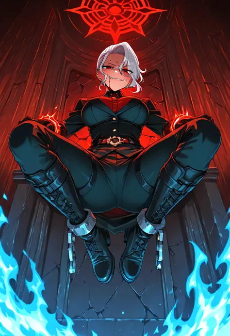Zdrada in front of a shattered courtroom throne, glowing chains suspended midair, blue flames from Judgment’s arena licking the stone walls, broken shackles behind her, blood-red lighting on her face, smoky background, giving a smug smirk, dynamic light so...
