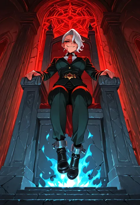 Zdrada in front of a shattered courtroom throne, glowing chains suspended midair, blue flames from Judgment’s arena licking the stone walls, broken shackles behind her, blood-red lighting on her face, smoky background, giving a smug smirk, dynamic light so...