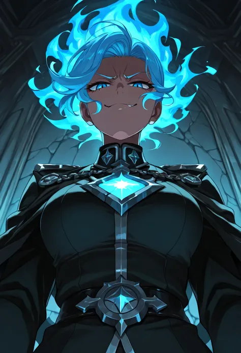 Medium close-up of anime Zdrada under cold blue flame light, judgment chains hanging in the background, courtroom stone throne cracked behind her, angry but smug glare, dramatic lighting from below, wind-blown hair and glowing blue ambiance create high con...