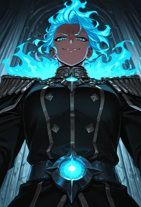 Medium close-up of anime Zdrada under cold blue flame light, judgment chains hanging in the background, courtroom stone throne cracked behind her, angry but smug glare, dramatic lighting from below, wind-blown hair and glowing blue ambiance create high con...