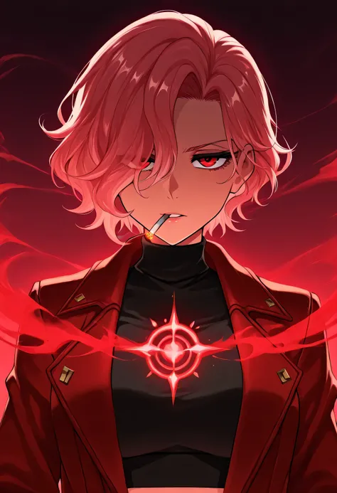 Anime-style medium close-up of Zdrada inside a gothic magical library, floating pink sigils in the background, arcane glow softly lighting her face, cigarette smoke curling upward, red jacket over a black crop top, her red eyes narrowed, layered anime cell...