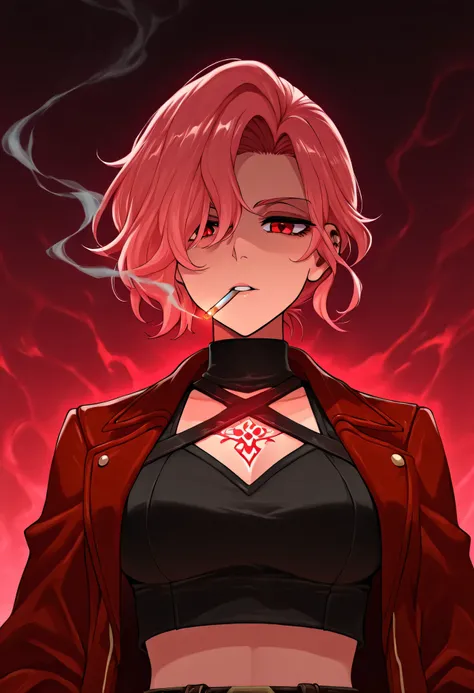 Anime-style medium close-up of Zdrada inside a gothic magical library, floating pink sigils in the background, arcane glow softly lighting her face, cigarette smoke curling upward, red jacket over a black crop top, her red eyes narrowed, layered anime cell...