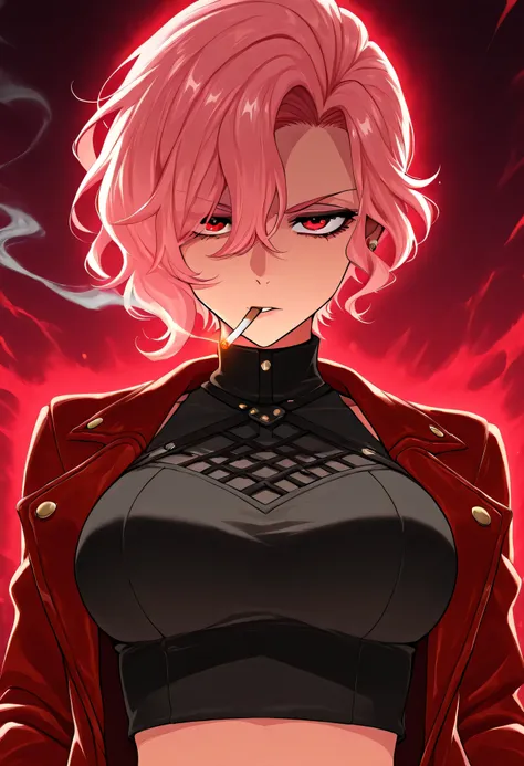 Anime-style medium close-up of Zdrada inside a gothic magical library, floating pink sigils in the background, arcane glow softly lighting her face, cigarette smoke curling upward, red jacket over a black crop top, her red eyes narrowed, layered anime cell...
