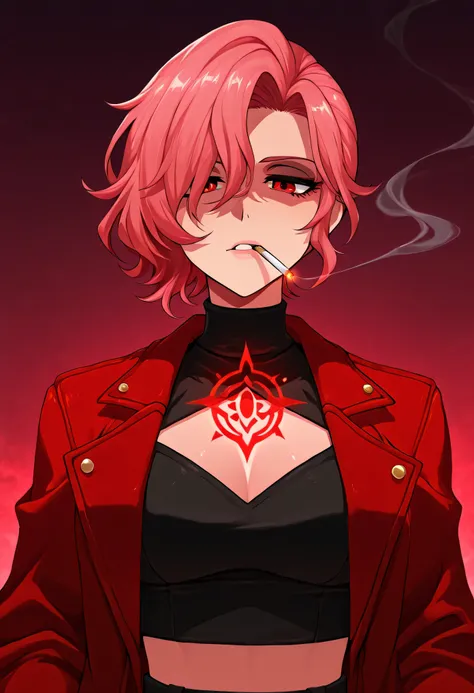 Anime-style medium close-up of Zdrada inside a gothic magical library, floating pink sigils in the background, arcane glow softly lighting her face, cigarette smoke curling upward, red jacket over a black crop top, her red eyes narrowed, layered anime cell...