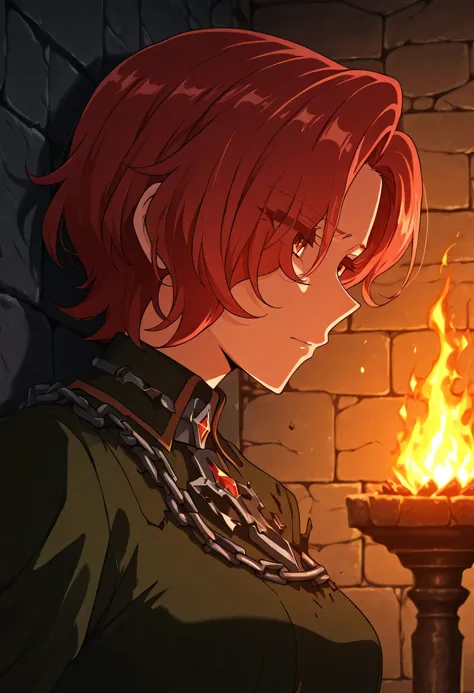 Zdrada facing slightly sideways, anime medium close-up, hair blowing gently, judgment chamber stone wall behind her, damaged chains and throne in the background, no flames or magic, expression is rebellious and confident, flat anime lighting with hard shad...
