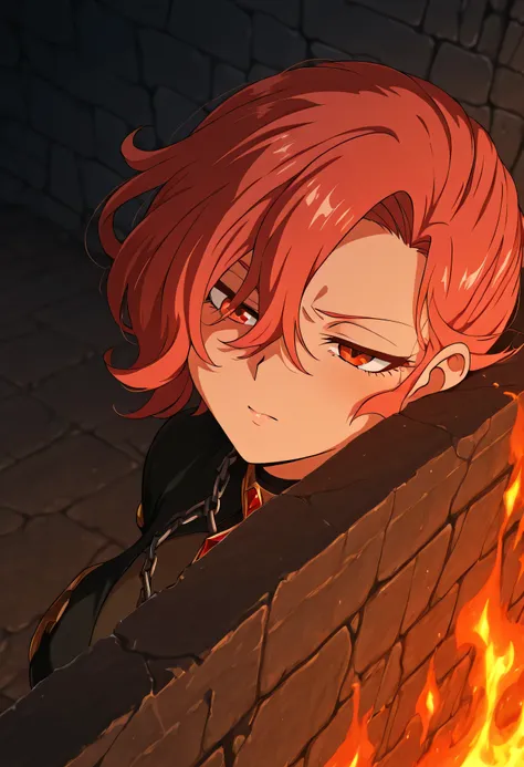 Zdrada facing slightly sideways, anime medium close-up, hair blowing gently, judgment chamber stone wall behind her, damaged chains and throne in the background, no flames or magic, expression is rebellious and confident, flat anime lighting with hard shad...
