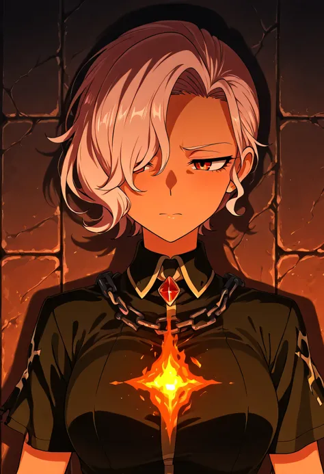Zdrada facing slightly sideways, anime medium close-up, hair blowing gently, judgment chamber stone wall behind her, damaged chains and throne in the background, no flames or magic, expression is rebellious and confident, flat anime lighting with hard shad...