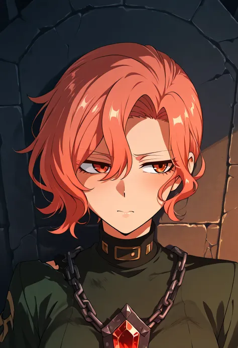 Zdrada facing slightly sideways, anime medium close-up, hair blowing gently, judgment chamber stone wall behind her, damaged chains and throne in the background, no flames or magic, expression is rebellious and confident, flat anime lighting with hard shad...