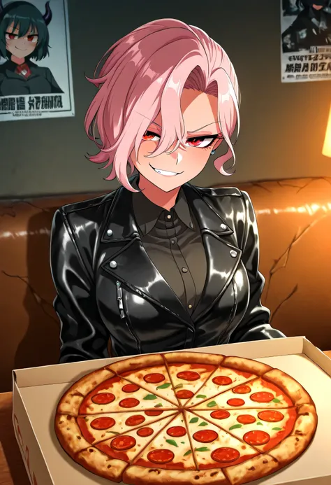 Zdrada lounging on a cracked leather couch, anime-style medium close-up, smirking at the viewer, pizza box and soda on the table in front, simple wall with a “Demon Girls” poster behind her, warm indoor lighting, nothing glowing, expression of casual bored...