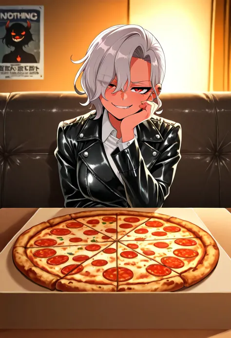 Zdrada lounging on a cracked leather couch, anime-style medium close-up, smirking at the viewer, pizza box and soda on the table in front, simple wall with a “Demon Girls” poster behind her, warm indoor lighting, nothing glowing, expression of casual bored...