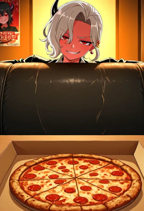 Zdrada lounging on a cracked leather couch, anime-style medium close-up, smirking at the viewer, pizza box and soda on the table in front, simple wall with a “Demon Girls” poster behind her, warm indoor lighting, nothing glowing, expression of casual bored...