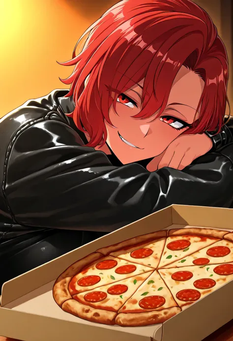 Zdrada lounging on a cracked leather couch, anime-style medium close-up, smirking at the viewer, pizza box and soda on the table in front, simple wall with a “Demon Girls” poster behind her, warm indoor lighting, nothing glowing, expression of casual bored...