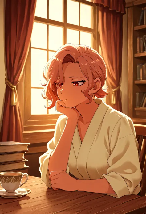 Zdrada sitting with one hand on her chin, anime medium close-up, teacup in front of her, plain shelves with books and cups in the background, velvet curtain drawn halfway, table and chair wooden and slightly worn, warm natural lighting from window, no glow...