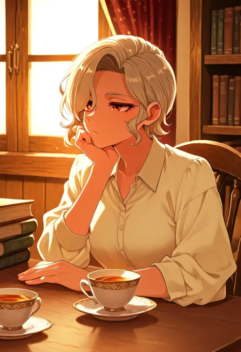 Zdrada sitting with one hand on her chin, anime medium close-up, teacup in front of her, plain shelves with books and cups in the background, velvet curtain drawn halfway, table and chair wooden and slightly worn, warm natural lighting from window, no glow...
