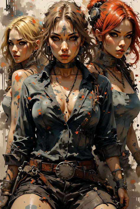 Score_9, score_8_up, score_7_up, ((highest quality)), ((masterpiece)), Perfect Face, (High definition), (Best Shadow), 8k, cinematic. Luis Royo's style, comic sex art. Three sexiest characters (1)a blonde woman, (2)a brunette woman (3)a red head woman ((th...