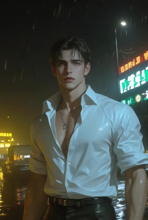 polyhedron,Nam ,middle-aged, American, strong masculinity , short black hair drooping down from getting wet, standing in the harbor, soaked ,wearing a wet white shirt ,  rolled up sleeves ,  healthy muscles , big toned arms, tendons , strong jaw contour , ...