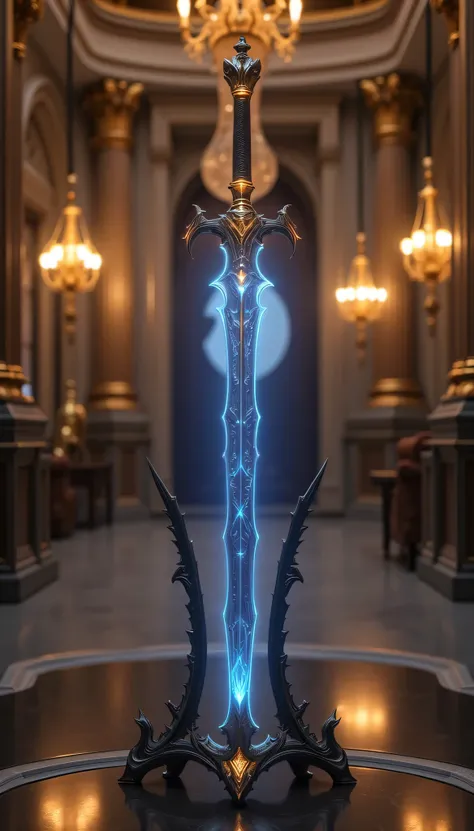 A magnificent, glowing sword, centerpiece of a grand hall. Ornate, dark-bronze sword stand, detailed with intricate, baroque carvings, holding a translucent, light-blue blade. The blade's interior is illuminated, creating a striking ethereal glow. Elab...