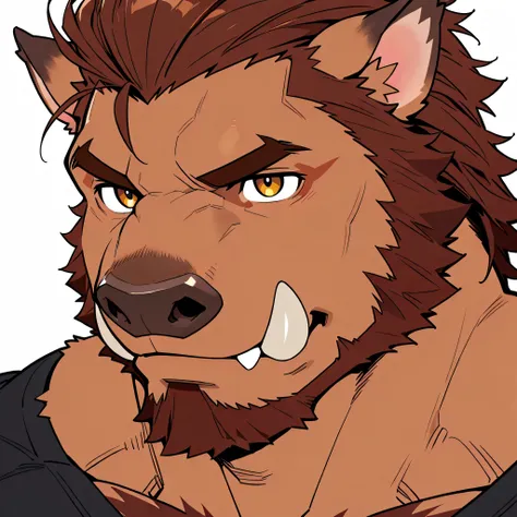 Brown wild boar wearing a cap furry bara  muscle Muscle muscular buff bara male Beard  (((close up )))head Short(((flat color)))  (((High Detail 4k))) white background 