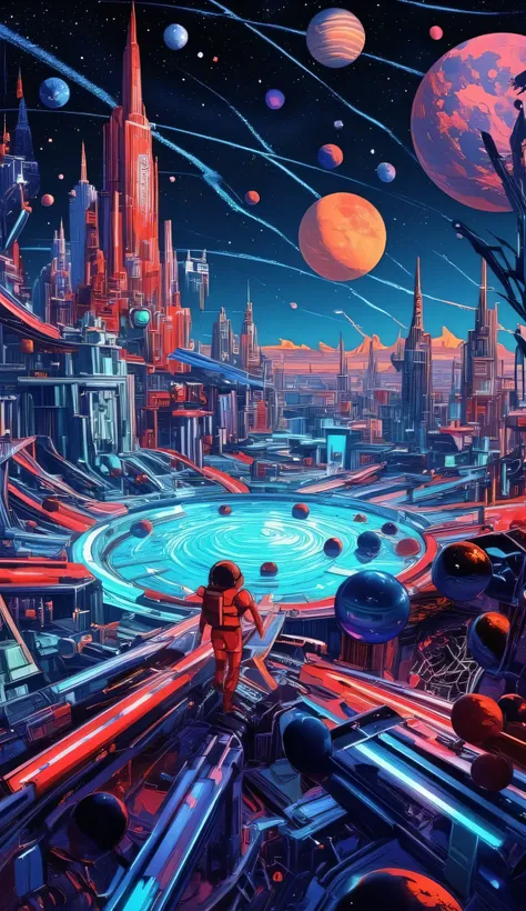 A domed water park that travels between the planets in space、Wearing a space suit、TREE SLIDE、attractions、photographic realism、extreme detail、professional、vivid colors、Bokeh、Planet Exploration 、no gravity、GLASS CAPSULE、SMOOTH AQUA、Reflections、neon light、dem...