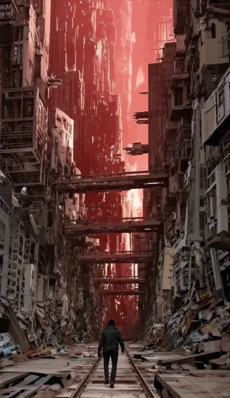 Desolate futuristic city street at sunset.  A lone figure, a person of indeterminate age and ethnicity, walks down a deserted train track.  The figure wears a dark hooded jacket and dark pants, possibly tactical clothing.  Their expression is one of quiet ...