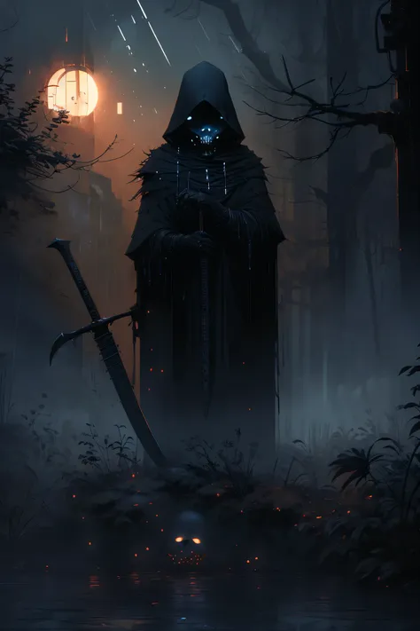 (best quality,highres),detailed reaper with scythe,ominous atmosphere,dark fantasy,gothic style,heavy shadows,misty fog,moonlit night,rustling leaves,sinister presence,mysterious figure,sharp sickle,hooded cloak,ethereal glow,ominous sky,chilling wind,omin...