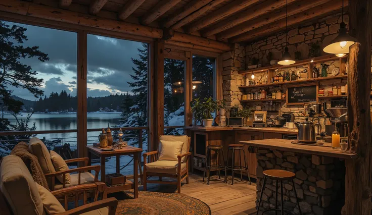 Cozy cabin with fireplace, không có cây Giáng sinhThe scene depicts a Cozy cabin with fireplace, rustic cafe, overlooking a beautiful lake, The interior has a wooden counter, on which a shiny metal coffee pot shines, symbolism of the art coffee floor and w...