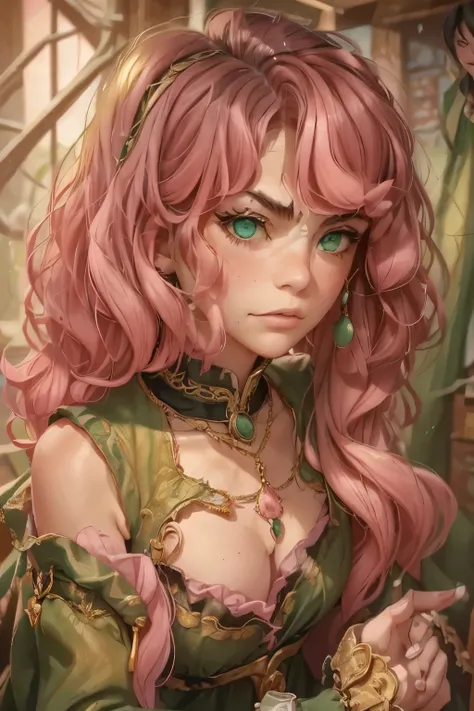 masterpiece, Highly detailed, super realistic, detailed background,
 bright Lighting, Daylight, beautiful face, beautiful eyes,
 medieval style, 4k, 8k, 1girl, solo, 
break,,
(14-years-old magical princess), (pretty face),
(pink-wavy-hair:1.5),
(wearing (M...