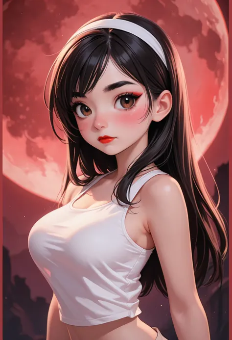 (red moon:1.2), perfect face, long hair, black straight hair, headband, white headband, black natural eyebrows, big brown eyes, black eyeliners, pink blush, nose, bright red thick lipstick, closed mouth, beautiful girl, medium breasts, white tank top