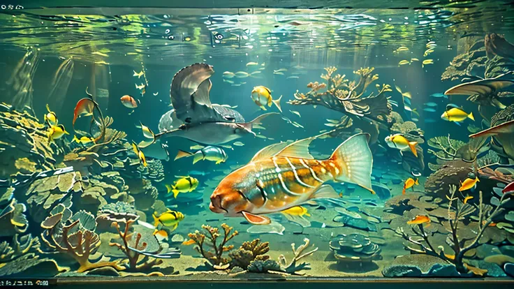 huge, Dim Illuminated, futuristic aquarium, While the light dances in the water ,(detailed expression:1.5), (私はhuge水槽の中で泳ぐ多くの魅力的な群れの魚を見ている:1.5) . soft blue surface , (Majestic rays , hugeマンボウ, and、large colorful tropical fish are swimming in the tank:1.5),...