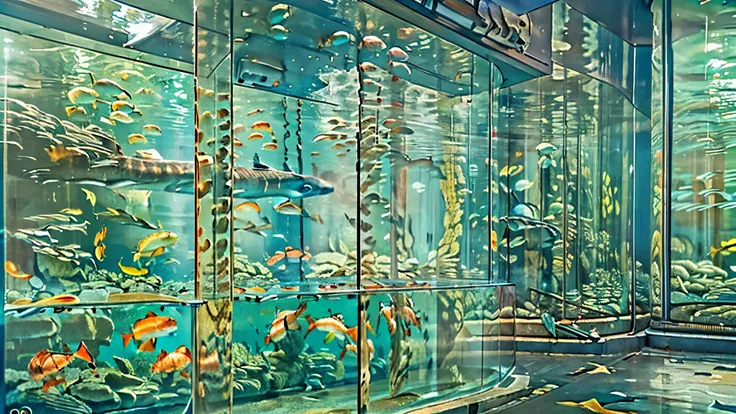 huge, Dim Illuminated, futuristic aquarium, While the light dances in the water ,(detailed expression:1.5), (私はhuge水槽の中で泳ぐ多くの魅力的な群れの魚を見ている:1.5) . soft blue surface , (Majestic rays , hugeマンボウ, and、large colorful tropical fish are swimming in the tank:1.5),...