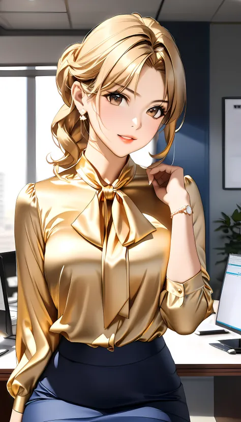 bow blouse, (full body image), anime style image, A woman sitting on a chair in an office room, , Realistic physique, perfect figure, (((The woman has her arms behind her body))), (((classic office style tie made with care down to the last detail {x} class...