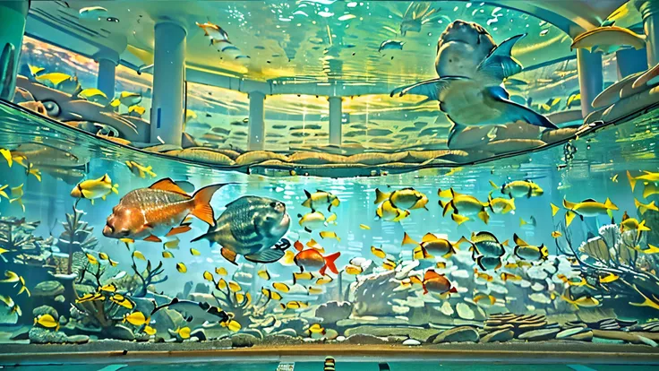 huge, Dim Illuminated, futuristic aquarium, While the light dances in the water ,(detailed expression:1.5), (私はhuge水槽の中で泳ぐ多くの魅力的な群れの魚を見ている:1.5) . soft blue surface , (Majestic rays , hugeマンボウ, and、large colorful tropical fish are swimming in the tank:1.5),...