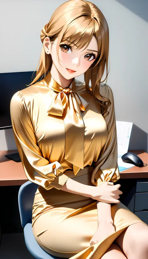 bow blouse, (full body image), anime style image, A woman sitting on a chair in an office room, , Realistic physique, perfect figure, (((The woman has her arms behind her body))), (((classic office style tie made with care down to the last detail {x} class...