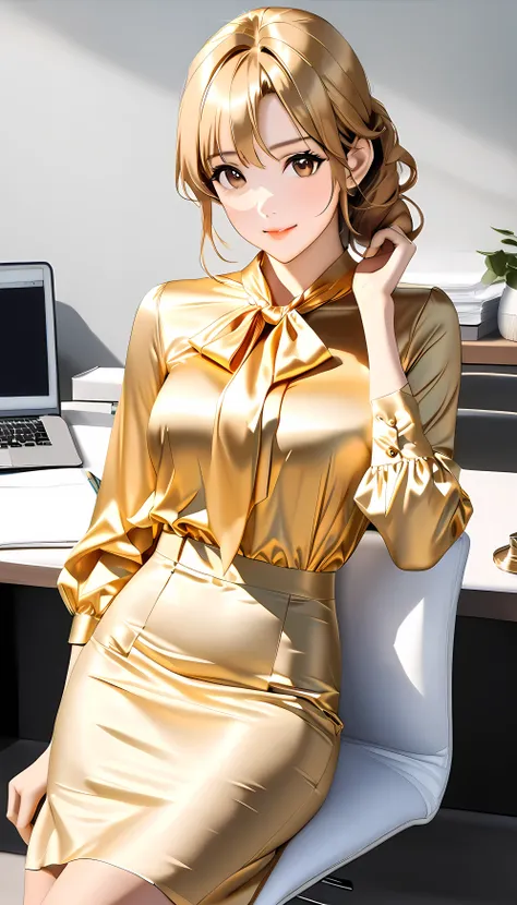 bow blouse, (full body image), anime style image, A woman sitting on a chair in an office room, , Realistic physique, perfect figure, (((The woman has her arms behind her body))), (((classic office style tie made with care down to the last detail {x} class...