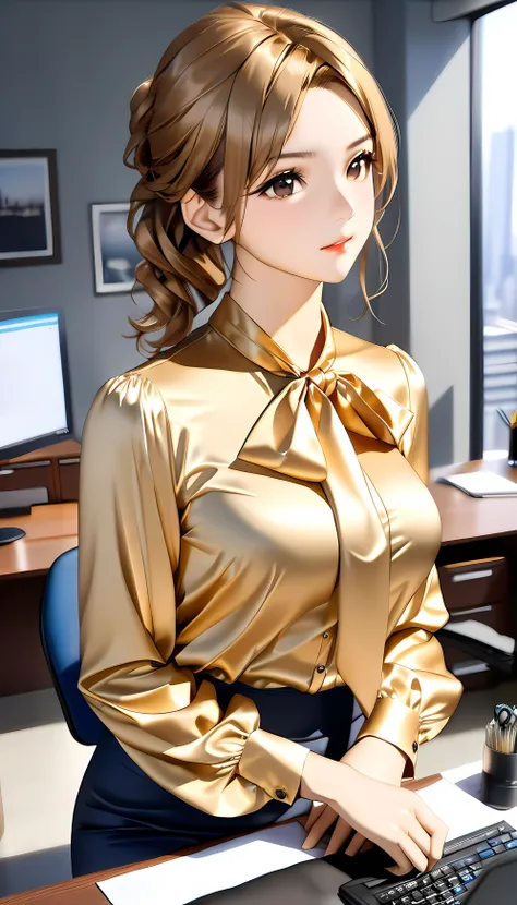 bow blouse, (full body image), anime style image, A woman sitting on a chair in an office room, , Realistic physique, perfect figure, (((The woman has her arms behind her body))), (((classic office style tie made with care down to the last detail {x} class...