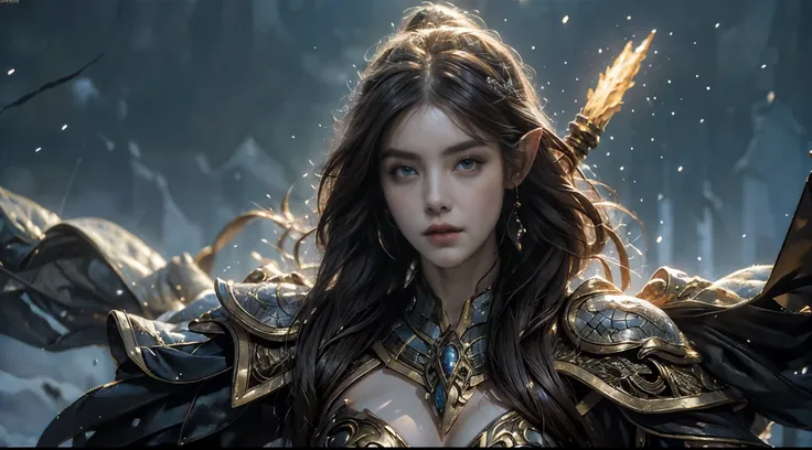 Beautiful portrait of a perfect female elf aristocrat , 完美特征, ( wearing an extremely baroque luxury elf robe),(Holding a scepter), Abstract Beauty , Big breasts , mouth closed ,Almost perfect, Pure Form, dynamic pose, mysterious background , (The Dark ...