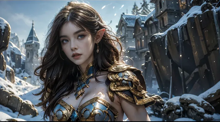 Beautiful portrait of a perfect female elf aristocrat , 完美特征, ( wearing an extremely baroque luxury elf robe), Abstract Beauty , Big breasts , mouth closed ,Almost perfect, Pure Form, dynamic pose, mysterious background , (The Dark Side), (Strong cinem...