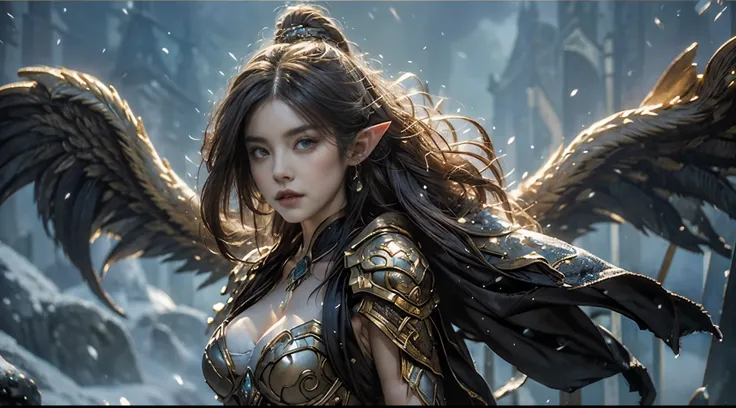 Beautiful portrait of a perfect female elf aristocrat , 完美特征, ( wearing an extremely baroque luxury elf robe), Abstract Beauty , Big breasts , mouth closed ,Almost perfect, Pure Form, dynamic pose, mysterious background , (The Dark Side), (Strong cinem...