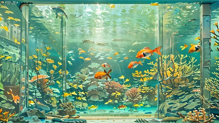 huge, Dim Illuminated, futuristic aquarium, While the light dances in the water , (私はhuge水槽の中で泳ぐ多くの魅力的な群れの魚を見ている:1.5) . soft blue surface , (Majestic rays , hugeマンボウ, and、large colorful tropical fish are swimming in the tank:1.5),(shrimp, Crab, Starfish, a...
