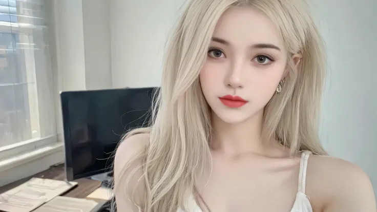 ( masterpiece, best quality:1.2), meo girl, alone,blonde hair,in the office,Frontal portrait,look straight ahead,sits on the chair,White Vest,denim skirt,full,bulging underwear without a necklace ,Portrait close-up, Itself like