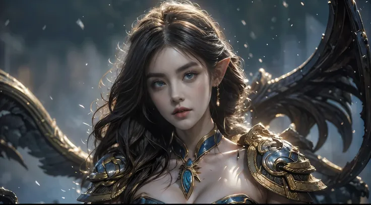 Beautiful portrait of a perfect female elf aristocrat , 完美特征, ( wearing an extremely baroque luxury elf robe), Abstract Beauty , Big breasts , mouth closed ,Almost perfect, Pure Form, dynamic pose, mysterious background , (The Dark Side), (Strong cinem...
