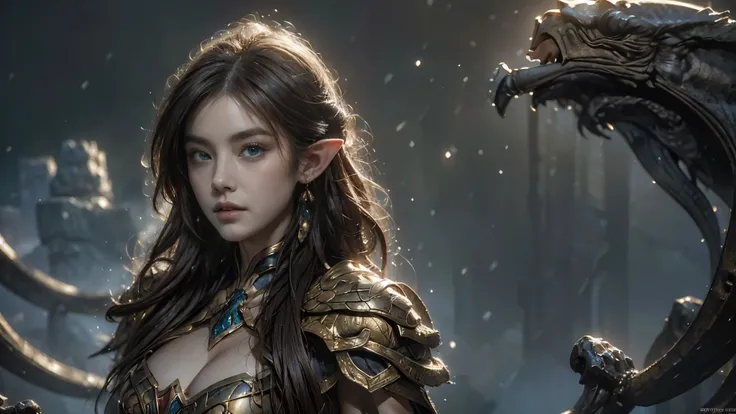 Beautiful portrait of a perfect female elf aristocrat , 完美特征, ( wearing an extremely baroque luxury elf robe), Abstract Beauty , Big breasts , mouth closed ,Almost perfect, Pure Form, dynamic pose, mysterious background , (The Dark Side), (Strong cinem...