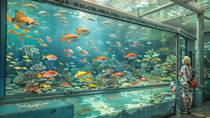 huge, Dim Illuminated, futuristic aquarium, While the light dances in the water , (私はhuge水槽の中で泳ぐ多くの魅力的な群れの魚を見ている:1.5) . soft blue surface , (Majestic rays , hugeマンボウ, and、large colorful tropical fish are swimming in the tank:1.5),(shrimp, Crab, Starfish, a...